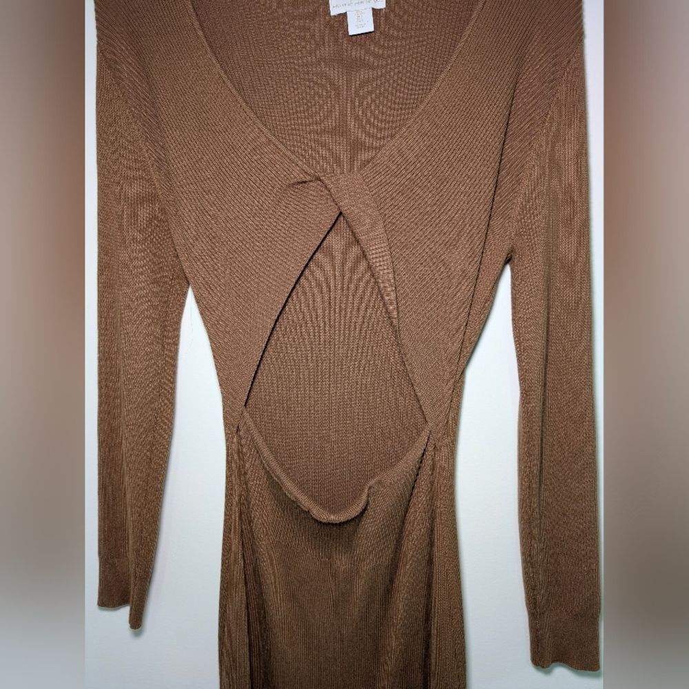 House of Harlow 1960 Mocha Ribbed Twist Midi Dress L Quiet Luxury Urban Boho - Picture 4 of 6